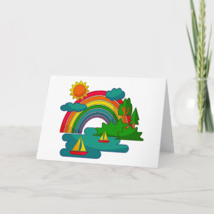 Boat travel landscape under sun clouds and rainbow note card