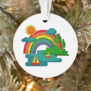 Boat travel landscape under sun clouds and rainbow ornament