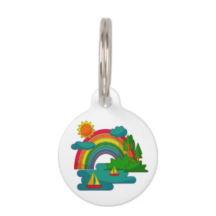 Boat travel landscape under sun clouds and rainbow pet tag