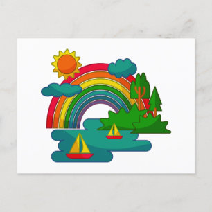 Boat travel landscape under sun clouds and rainbow postcard