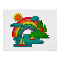 Boat travel landscape under sun clouds and rainbow