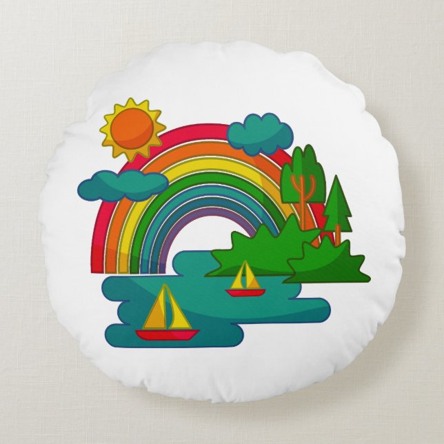 Boat travel landscape under sun clouds and rainbow round cushion (Front)