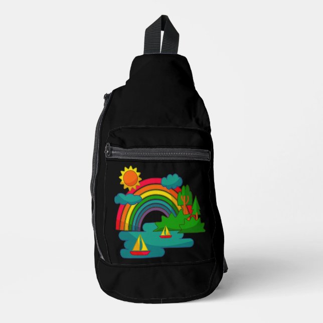Boat travel landscape under sun clouds and rainbow sling bag (Front)