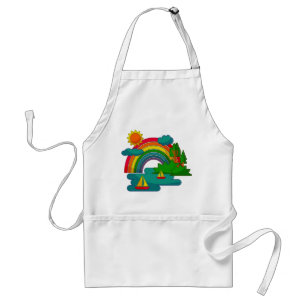 Boat travel landscape under sun clouds and rainbow standard apron