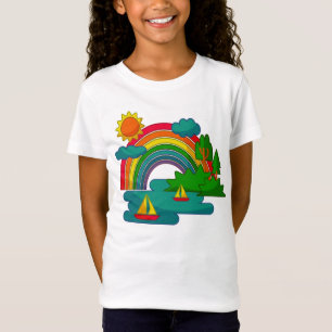 Boat travel landscape under sun clouds and rainbow T-Shirt