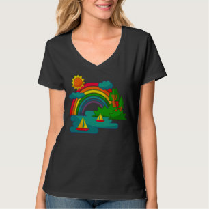 Boat travel landscape under sun clouds and rainbow T-Shirt