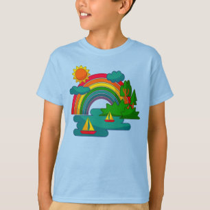 Boat travel landscape under sun clouds and rainbow T-Shirt