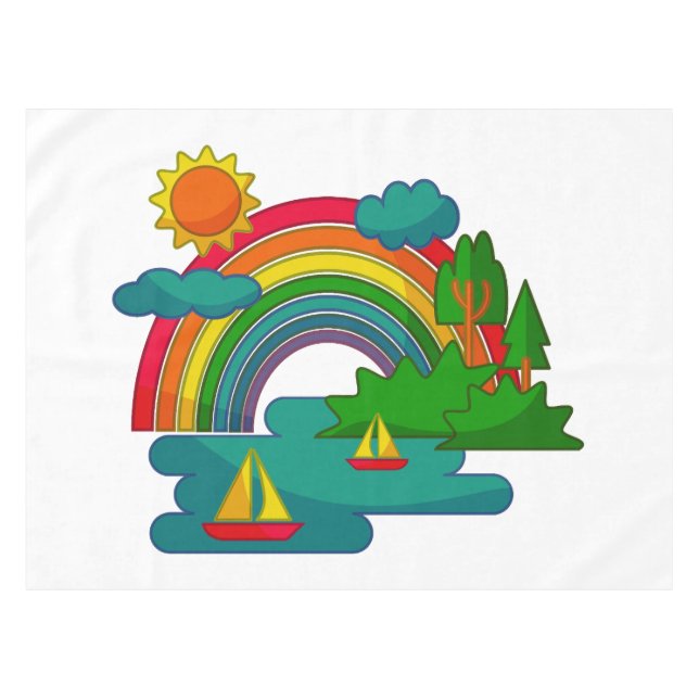 Boat travel landscape under sun clouds and rainbow tablecloth (Front (Horizontal))