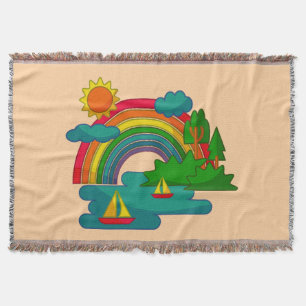 Boat travel landscape under sun clouds and rainbow throw blanket