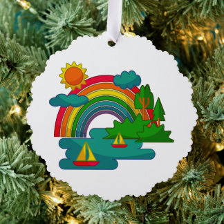 Boat travel landscape under sun clouds and rainbow tree decoration card