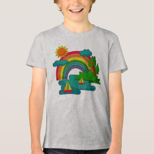 Boat travel landscape under sun clouds and rainbow Tri-Blend shirt
