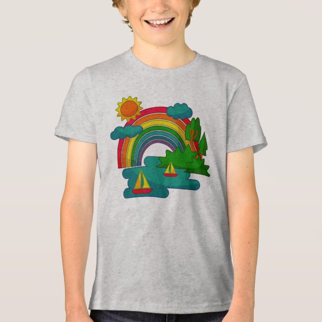 Boat travel landscape under sun clouds and rainbow Tri-Blend shirt (Front)