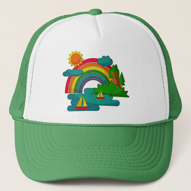 Boat travel landscape under sun clouds and rainbow trucker hat (Front)