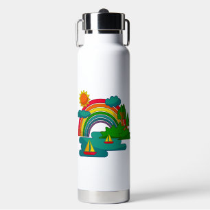 Boat travel landscape under sun clouds and rainbow water bottle