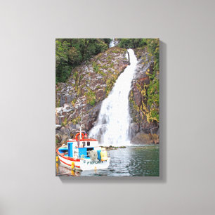 Boat & waterfall, Chile Canvas Print