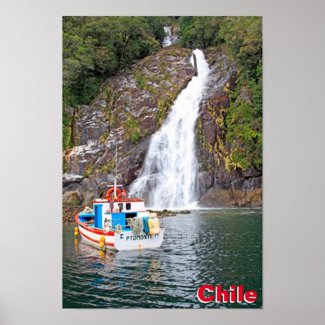 Boat & waterfall, Chile Poster (Front)
