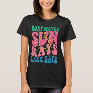 Boat Waves Sun Rays Lake Days Retro Groovy Summer  T-Shirt