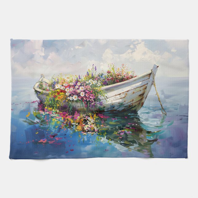 Boat with Colourful Wildflowers Tea Towel (Horizontal)