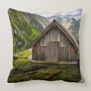 Boathouse in Obersee lake in Alps in Germany Cushion