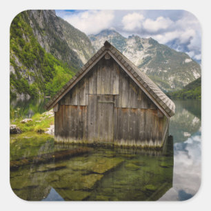 Boathouse in Obersee lake in Alps in Germany Square Sticker
