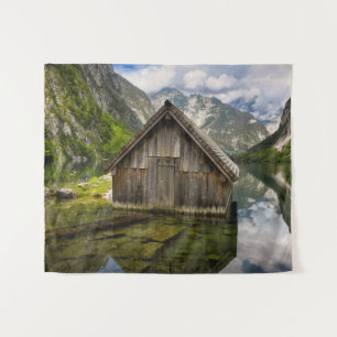 Boathouse in Obersee lake in Alps in Germany Tapestry
