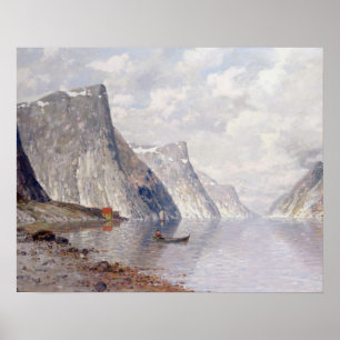 Boating on a Norwegian Fjord (oil on canvas) Poster