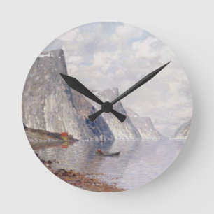 Boating on a Norwegian Fjord (oil on canvas) Round Clock