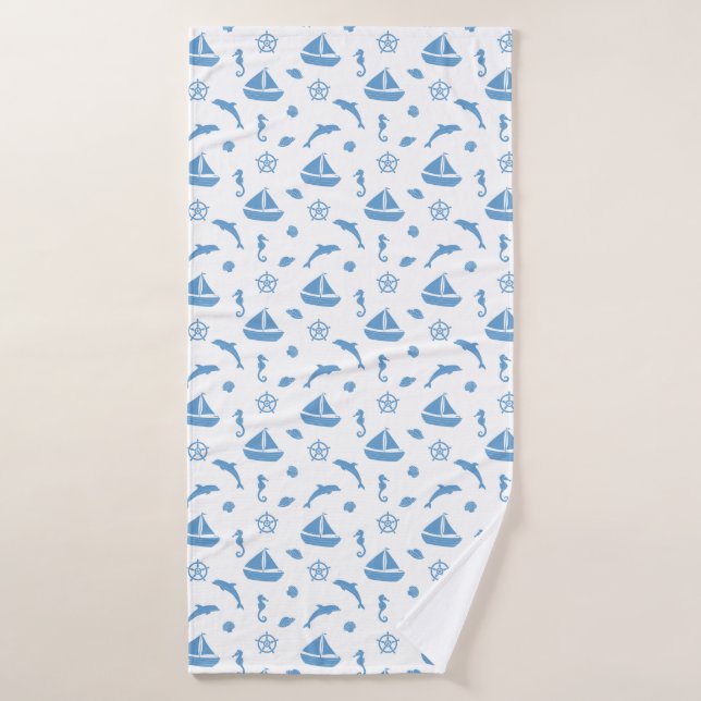 Boats and Dolphins Nautical Pattern Blue White Bath Towel (Bath Towel)