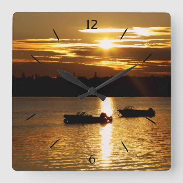 Boats and Fiery Sky Square Wall Clock (Front)