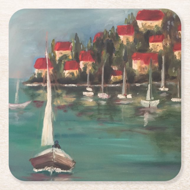 Boats and Red Roofs in Italy, Oil Painting Square Paper Coaster (Front)