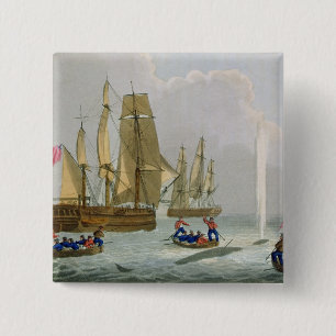 Boats Approaching a Whale, engraved by Matthew Dub 15 Cm Square Badge