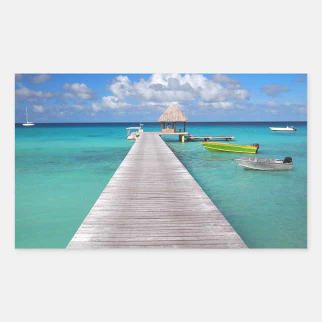 Boats at a jetty in the Pacific rectangle sticker (Front)