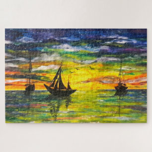 Boats At Sunset Puzzle - Painting