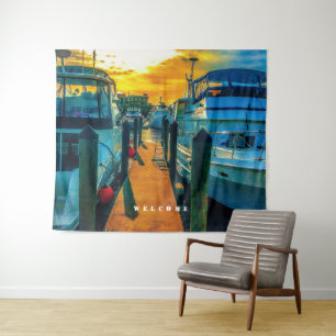Boats in the Harbour Sunset Tapestry