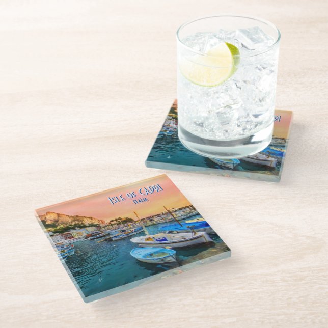 Boats of Capri Italy Marina Grande Blue Orange Glass Coaster (Angled)