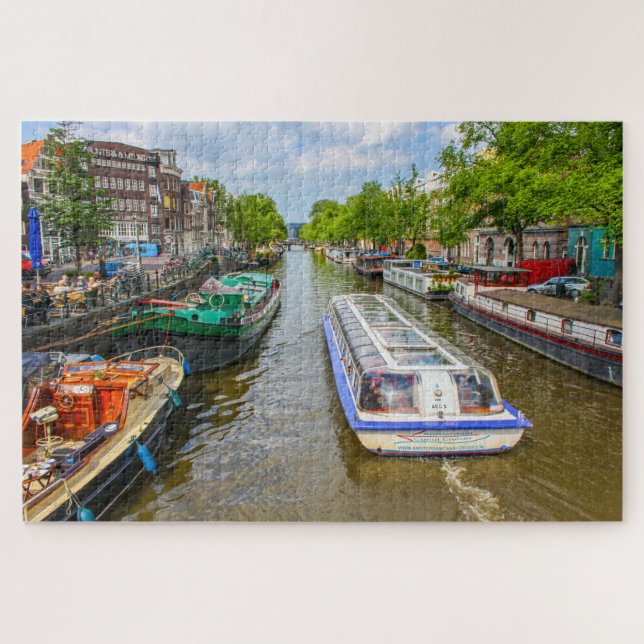 Boats on canal in Amsterdam, Netherlands Jigsaw Puzzle (Horizontal)