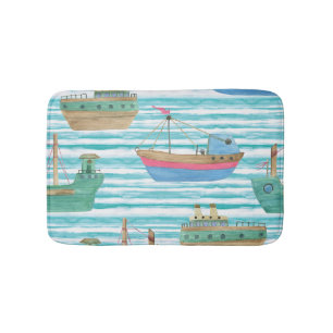 Boats Stripes: Watercolor Painting Pattern. Bath Mat