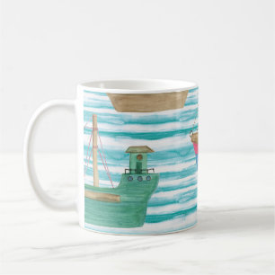 Boats Stripes: Watercolor Painting Pattern. Coffee Mug