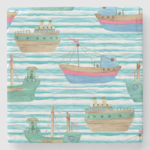 Boats Stripes: Watercolor Painting Pattern. Stone Coaster