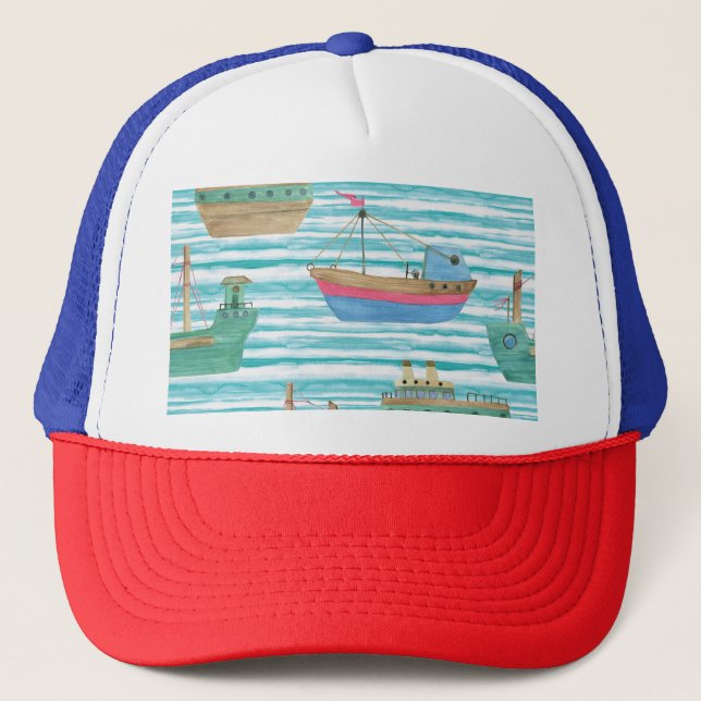 Boats Stripes: Watercolor Painting Pattern. Trucker Hat (Front)