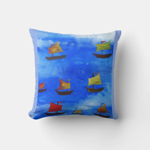 Boats watercolor Blue Sea Throw Cushion