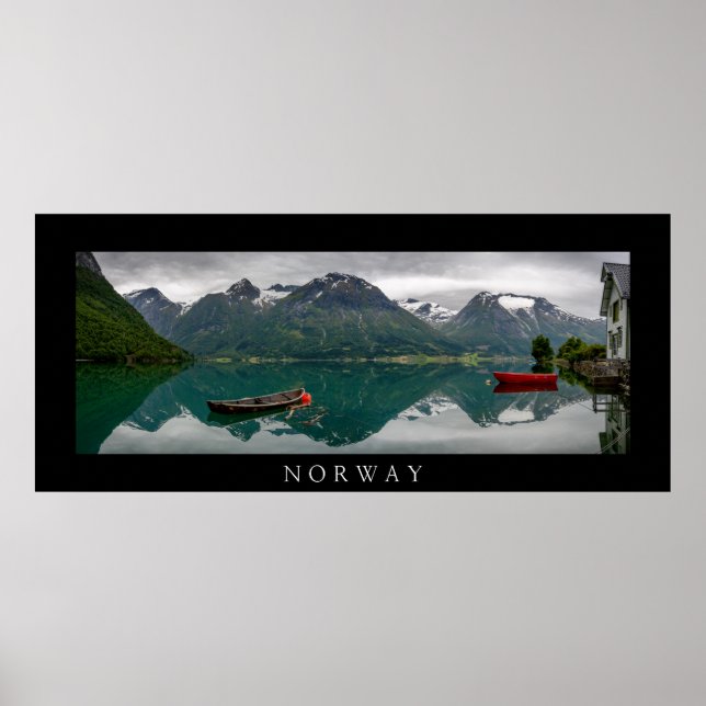 Boats with reflection in Norway black pano poster (Front)