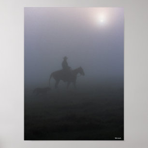 Bob Langrish   Cowboy Riding In Mist With Dog Poster