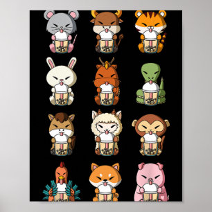 Boba Bubble Milk Tea Chinese Zodiacs Animal Lunar Poster