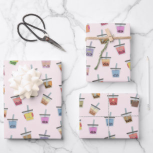 Boba bubble tea colourful kawaii cute pattern wrapping paper sheet