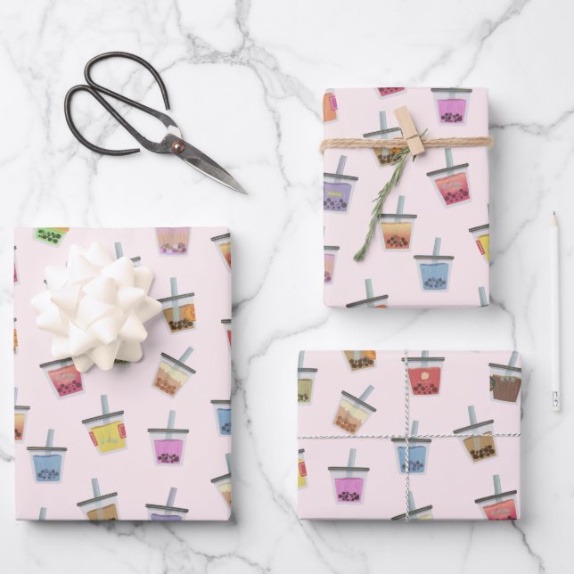 Boba bubble tea colourful kawaii cute pattern wrapping paper sheet (Front)