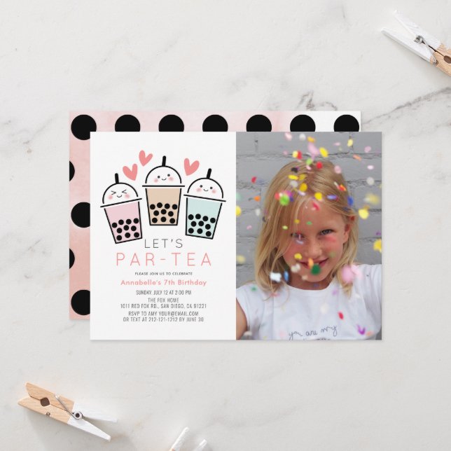 Boba Bubble Tea Party Girl Photo Birthday Invitation (Front/Back In Situ)