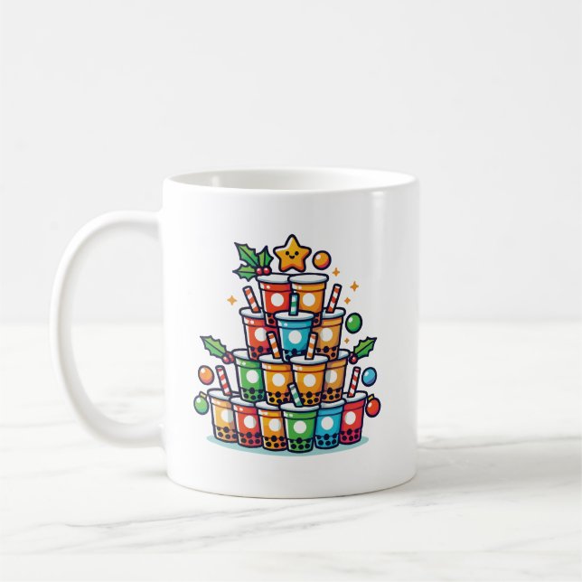 Boba Christmas Tree - Funny Bubble Tea Holiday Coffee Mug (Left)