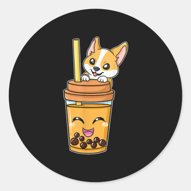 Boba Tapioca Pearls Bubble Milk Tea Drink Corgi Classic Round Sticker (Front)