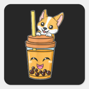 Boba Tapioca Pearls Bubble Milk Tea Drink Corgi Square Sticker